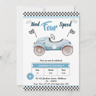 Invitation Course Voiture bleu vintage besoin de quatre vites