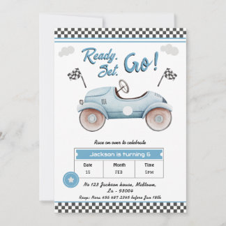 Invitation Course Voiture bleu vintage Prêt set go 6e anniver