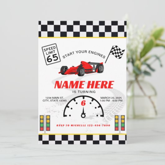 Invitation Course Voiture Speedway À damiers Anniversaire (Debout devant)