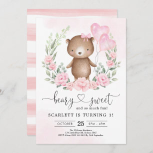 Invitation Coute Teddy Bear Girl Birthday Heart Balloons Part