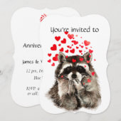 Invitation Coutume Anniversaire Fête Raccoon Coeurs d'amour (Devant / Derrière)