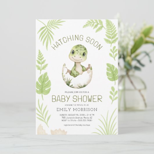 Invitation Coutume Dinosaure Hatching Bientôt QR Code Baby sh (Debout devant)