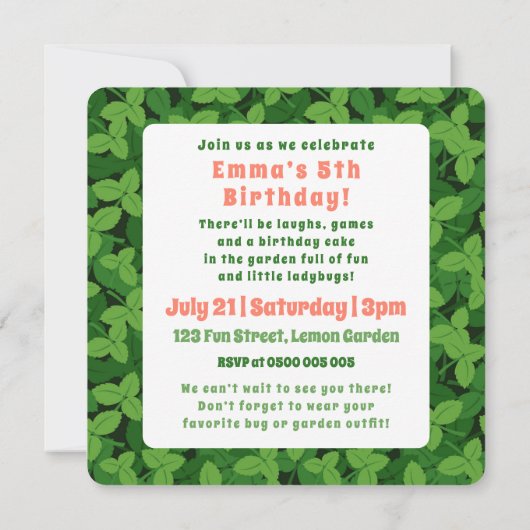 Invitation Coutume Ladybug & Leaf 5e anniversaire (Dos)