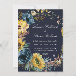 Invitation Coutume mariage bleu bleu marine Sunflower & Wreat
