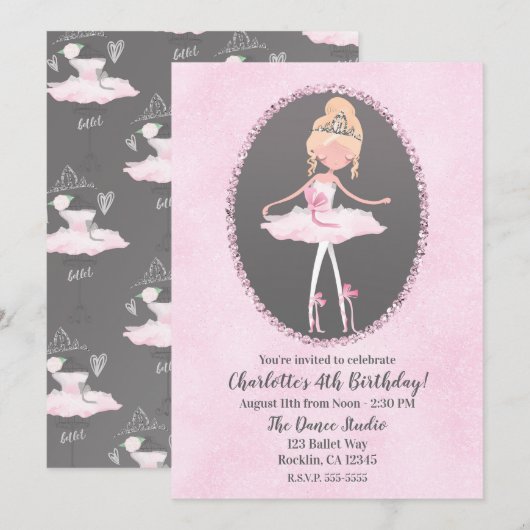 Invitation Couture rose et gris Ballerina Anniversaire (Devant / Derrière)