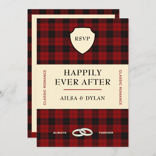INVITATION COUVERTURE DE LIVRE EN TARTAN ÉCOSSAIS | RSVP DE M (Devant / Derrière)