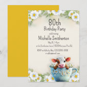 Invitation Cow Daisy Covered Tea Cup 80e Anniversaire (Devant / Derrière)