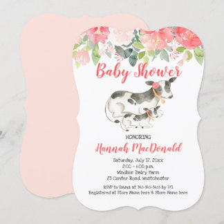 Invitation Cow Farm Coral et Pink Floral Baby shower Invitati