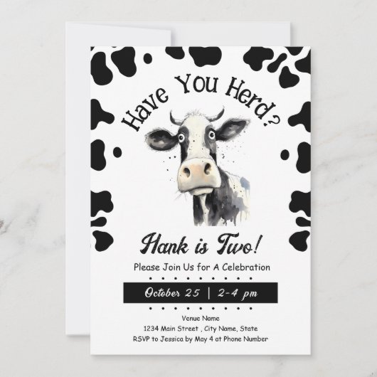 Invitation Cow Have You Herd 2e anniversaire aquarelle Invita (Devant)