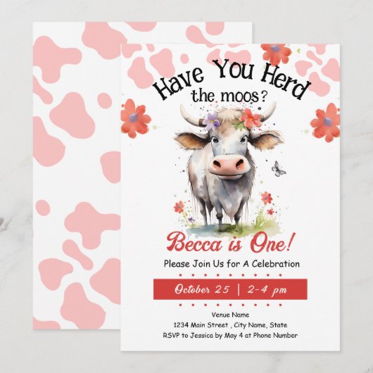 Invitation Cow Herd moos 1er Birthday Girl (Devant / Derrière)