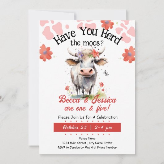 Invitation Cow Herd moos Double Anniversaire (Devant)