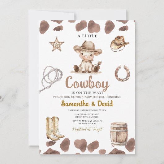 Invitation Cow Pattern Cowboy is on the Way Baby Shower  (Devant)