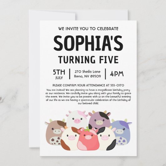 Invitation Cow Squishmallow Birthday Party (Devant)