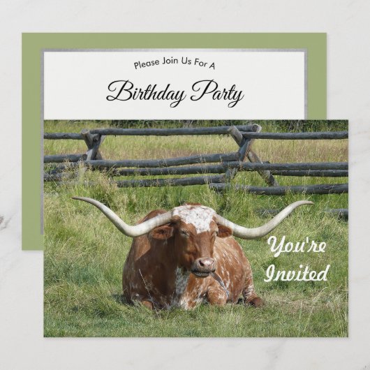 Invitation Cow Texas Longhorn Photo Anniversaire (Devant / Derrière)