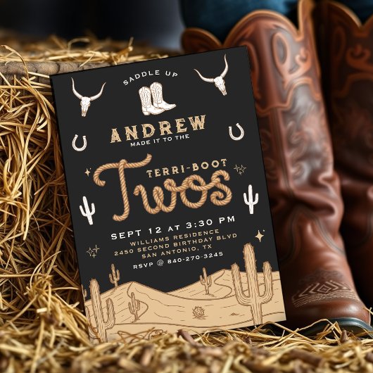 Invitation Cowboy 2nd Birthday Party Terri-Boot Twos Black