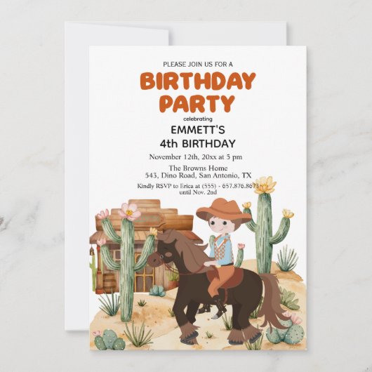 Invitation Cowboy à cheval 4e fête d'anniversaire (Devant)