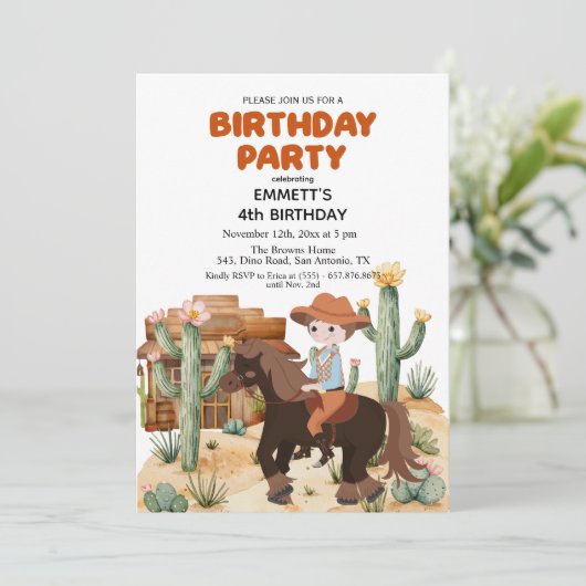 Invitation Cowboy à cheval 4e fête d'anniversaire (Debout devant)