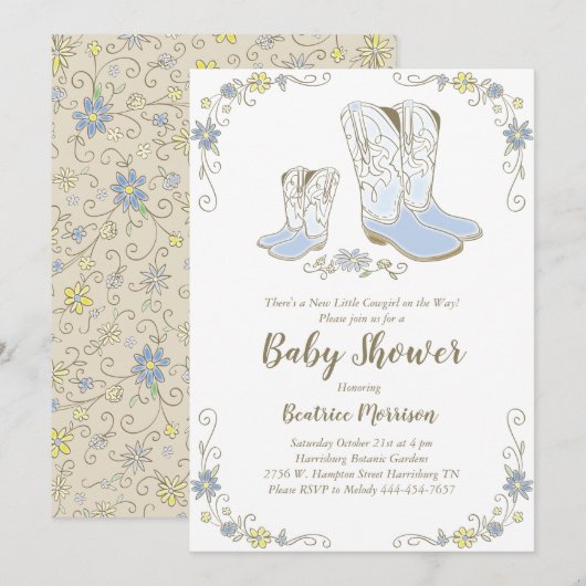 Invitation Cowboy Baby shower Pays Western Blue Boy (Devant / Derrière)