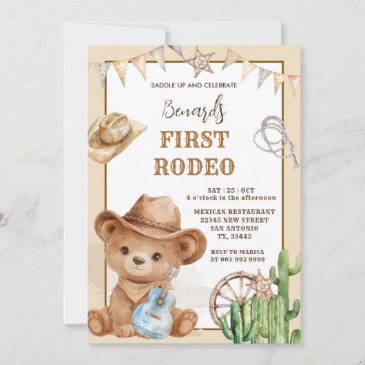 Invitation Cowboy Bear Western First Rodeo Birthday (Devant)