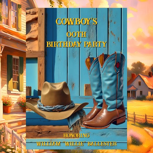 Invitation Cowboy Birthday Party Barn Boots Hat blue brown