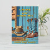 Invitation Cowboy Birthday Party Barn Boots Hat blue brown (Debout devant)