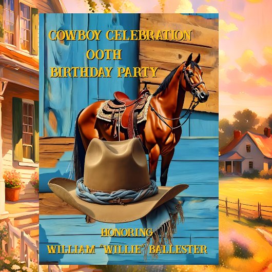 Invitation Cowboy Birthday Party Barn Horse Hat blue brown