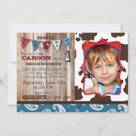 Invitation Cowboy Blue Bandanna Western Thème Anniversaire (Devant)