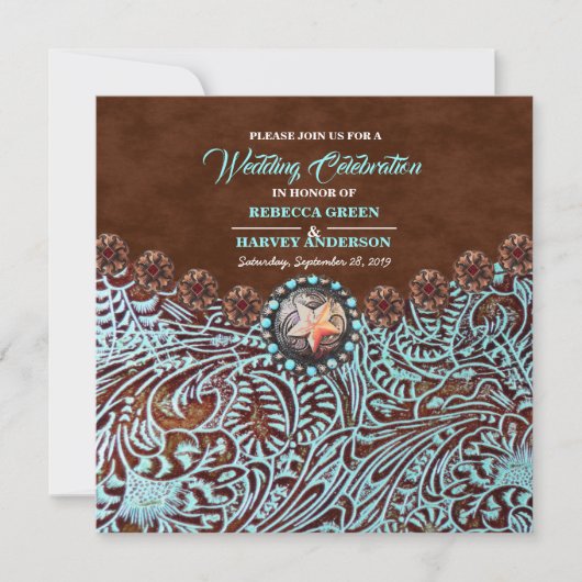 Invitation cowboy brun turquoise pays mariage de l'ouest (Devant)