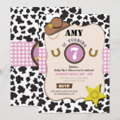 Invitation Cowboy Cowgirl Anniversaire Fête Vache fille rose  (Devant / Derrière)