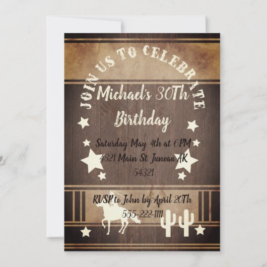 Invitation Cowboy équitation cactus anniversaire rustique (Devant)