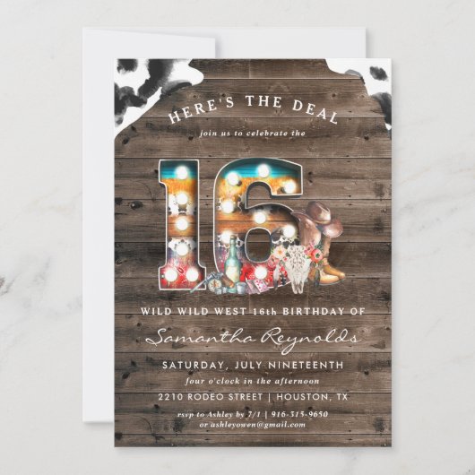 Invitation Cowboy Far West pour 16e anniversaire (Devant)