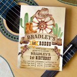 Invitation Cowboy rodéo chevaux fête d'anniversaire de l'Oues<br><div class="desc">Cowboy 1er rodéo chevaux western invitation fête d'anniversaire avec une roue,  bottes de cowboy,  casquette cowboy,  western style sauvage ouest.</div>
