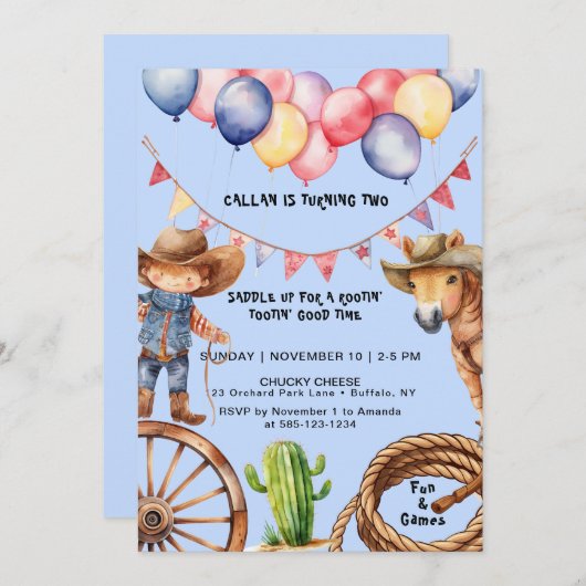 Invitation Cowboy Rootin'Rootin' Heure Anniversaire Invitatio (Devant / Derrière)