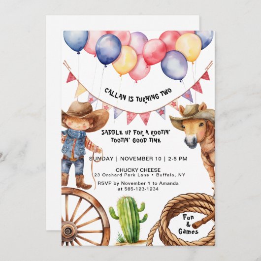 Invitation Cowboy Rootin'Rootin' Heure Anniversaire Invitatio (Devant / Derrière)