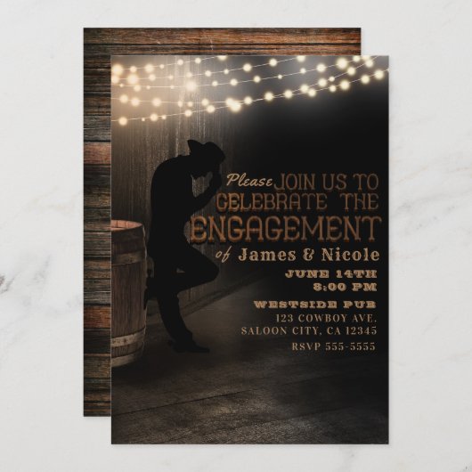 Invitation Cowboy Rustic Country Saloon Pub Engagement Party (Devant / Derrière)