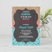 Invitation Cowboy turquoise burlap rouge rustique baby shower (Debout devant)