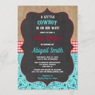 Invitation Cowboy turquoise roux burlap rustique baby shower 