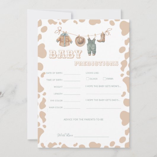 Invitation Cowboy Western Baby shower Prédictions jeu amusant (Devant)