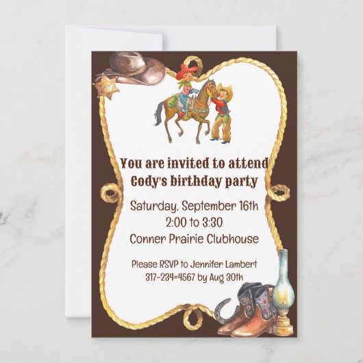 Invitation Cowboy Wild West Ajouter Détails du garçon Anniver (Dos)