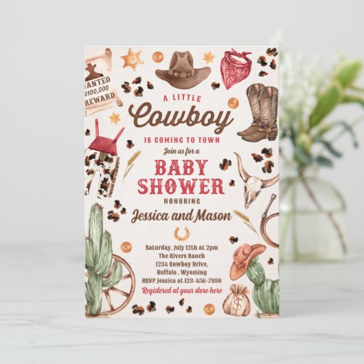 Invitation Cowboy Wild West Rodeo Ranch Baby shower garçon (Debout devant)