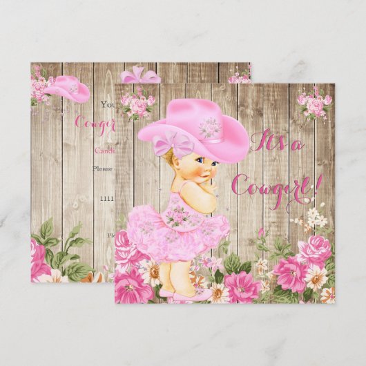 Invitation Cowgirl Baby shower rose Rustique Bois fille Blond (Devant / Derrière)