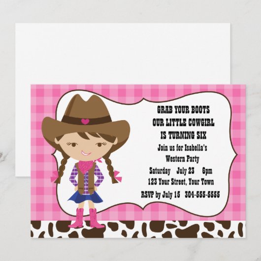 Invitation Cowgirl Birthday Party (Devant / Derrière)