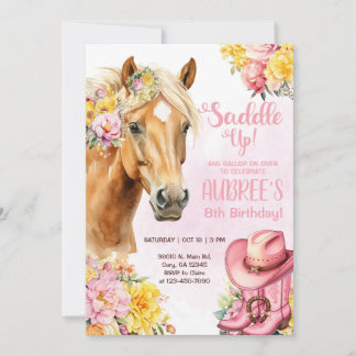 Invitation Cowgirl, brown horse, saddle up birthday invite.