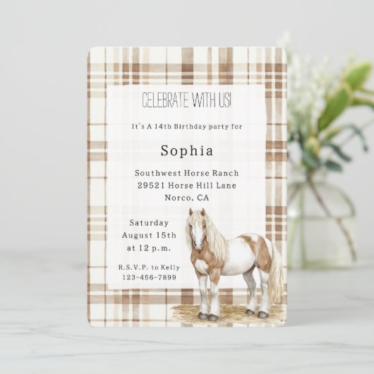 Invitation Cowgirl Brown Plaid Stripes Horse Birthday   (Debout devant)