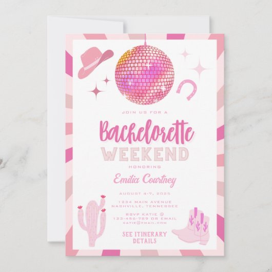 Invitation Cowgirl de disco rose Week-end enterrement de vie (Devant)