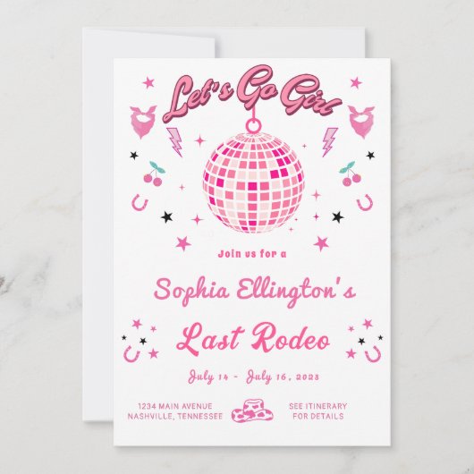 Invitation Cowgirl Disco Bachelorette Week-end Itinéraire (Devant)