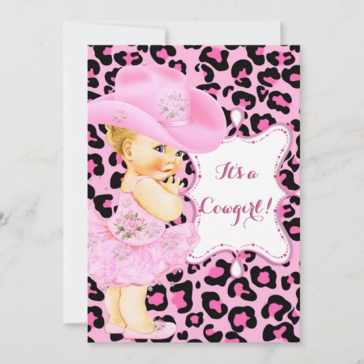 Invitation Cowgirl mignonne Baby shower rose léopard fille Bl (Devant)