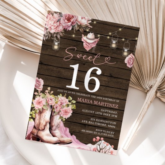 Invitation Cowgirl occidentale rose Floral Bois doux 16 Anniv