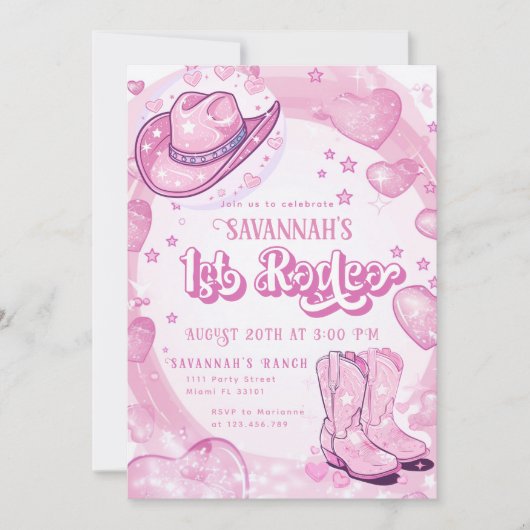 Invitation Cowgirl Pink 1er Rodéo Premier anniversaire (Devant)