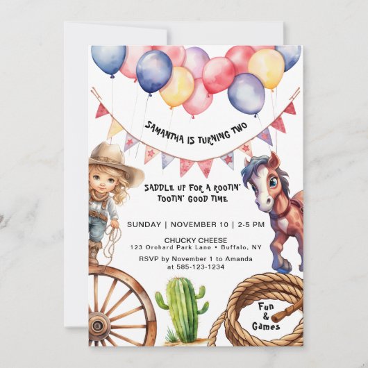 Invitation Cowgirl Rootin' Tootin' Heure Anniversaire Invitat (Devant)